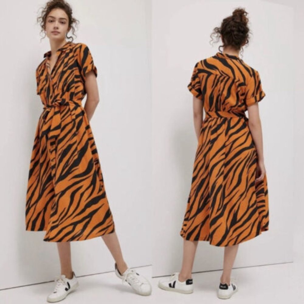 Maeve by Anthropologie Tereza Dress Midi Tiger Stripe Orange Tan Sm Button Front